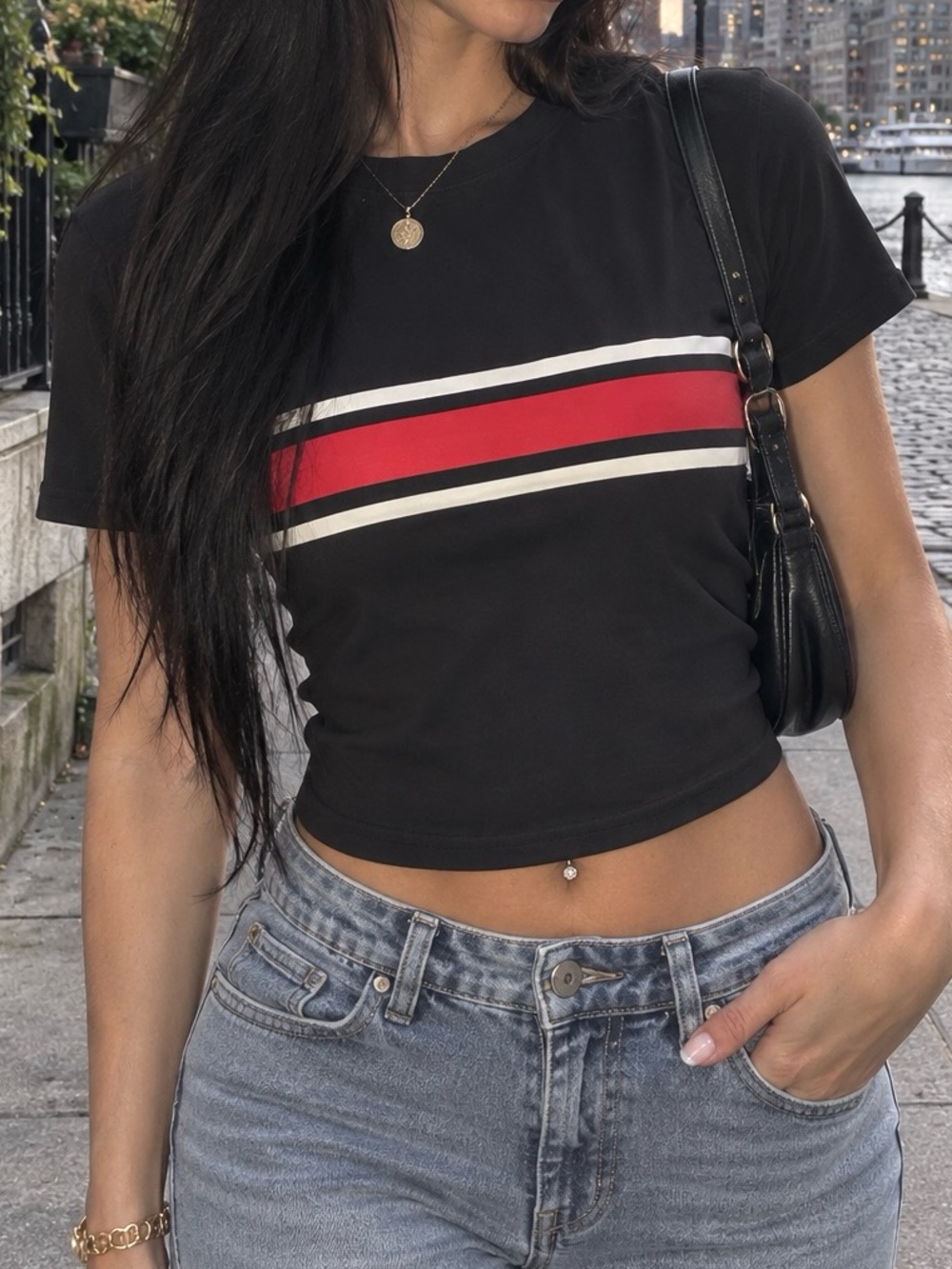 Women’s Essential Crop Stylish Everyday Versatile Tee with Red Stripe Detail